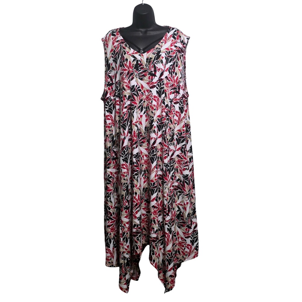Anywear by Catherines 3X Red Black Abstract Leaf Handkerchief Hem Midi Dress